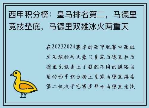 西甲积分榜：皇马排名第二，马德里竞技垫底，马德里双雄冰火两重天